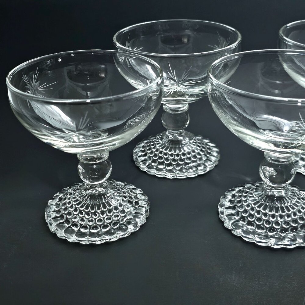 Anchor Hocking Bubble Foot Champagne Glasses 6oz cut glass starburst rays 4pc - Picture 3 of 8